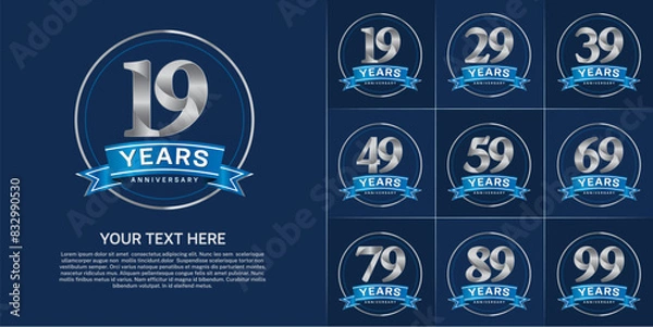 Fototapeta anniversary logotype set vector, silver color with circle and blue ribbon for special day celebration