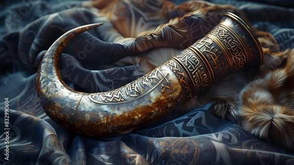 Fototapeta Ornate Viking Drinking Horn with Engraved Runic Inscriptions on Leather-Stained Background