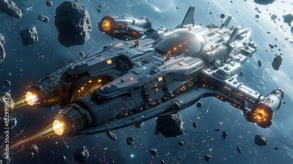 Fototapeta Majestic futuristic spaceship soaring through the depths of space, surrounded by twinkling stars and rugged asteroids, embodying the themes of galactic travel and advanced alien technology