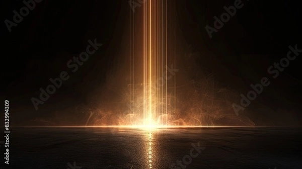Fototapeta Empty futuristic dramatic sci-fi scene. Reflection of neon lights on wet asphalt. Dark background. Generative AI