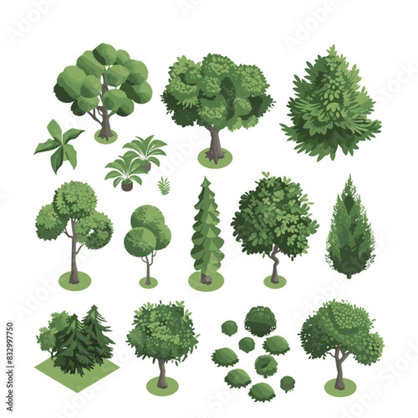 Obraz variety of isometric plant illustrations for landscape design, featuring trees and bushes in a blocky 3D style