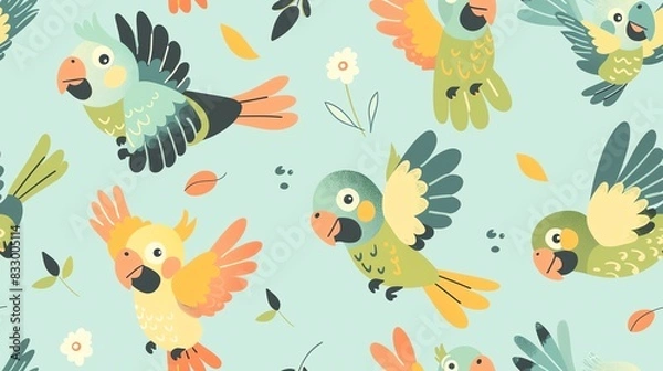 Fototapeta Pastel-colored seamless pattern with cute hand-drawn comic pigeon characters, flying and perched on branches, showcasing a fun and lighthearted style