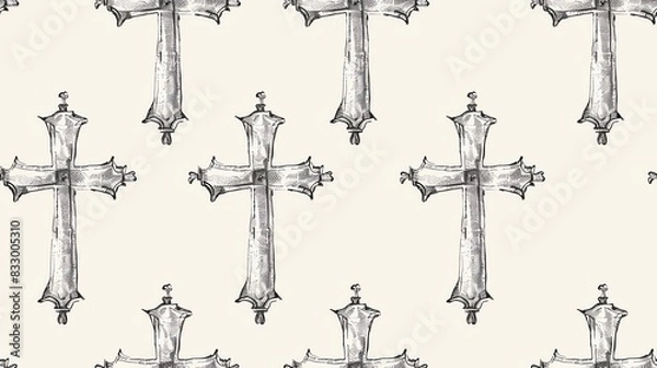 Fototapeta Seamless pattern of hand-drawn Christian crosses with intricate details and floral accents, creating an elegant and spiritual design