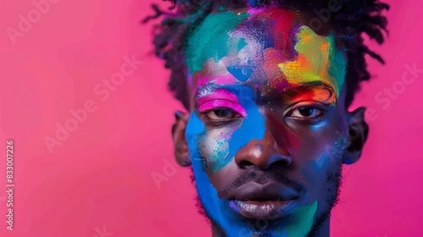 Obraz Man with rainbow face paint, looking confidently into the camera close up LGBTQ empowerment vibrant Double exposure abstract art backdrop