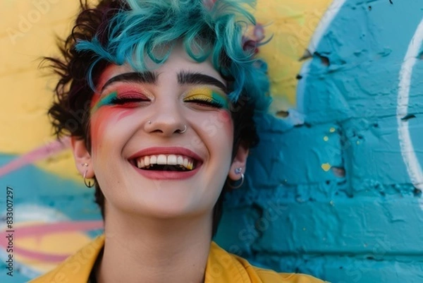 Obraz Genderfluid individual with colorful makeup, smiling confidently focus on selfexpression and acceptance vibrant Blend mode graffiti wall backdrop