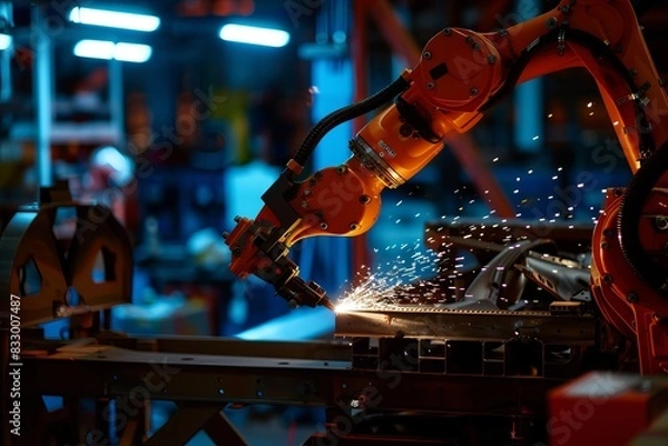 Fototapeta An automated robotic arm welding car parts, side view, highlighting industrial automation, cybernetic tone, complementary color scheme