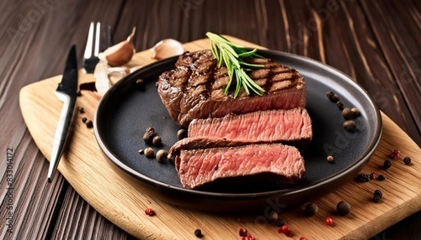Obraz Beef steak  grilled in plate on wooden background