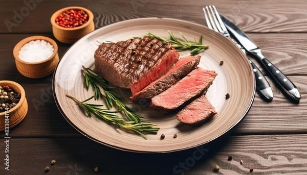 Obraz Beef steak  grilled in plate on wooden background