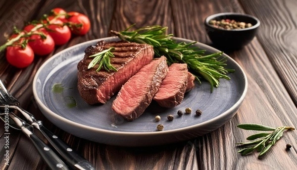 Obraz Beef steak  grilled in plate on wooden background