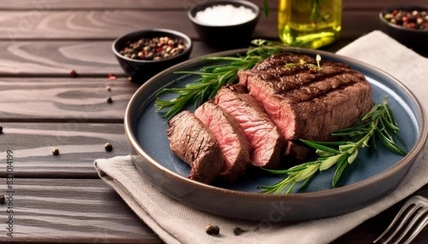 Obraz Beef steak  grilled in plate on wooden background