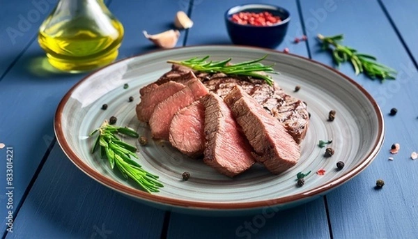 Obraz Beef steak  grilled in plate on wooden background