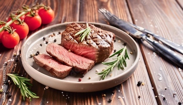 Obraz Beef steak  grilled in plate on wooden background