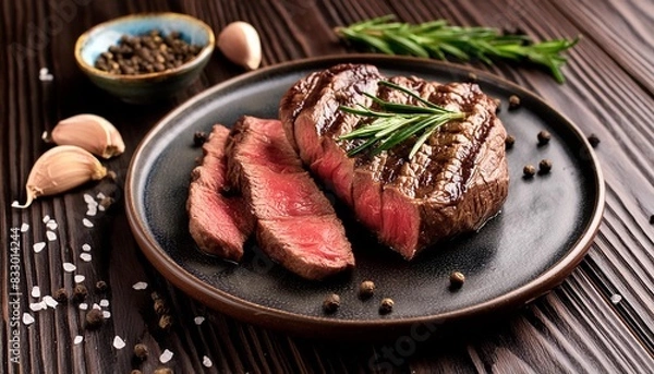 Obraz Beef steak  grilled in plate on wooden background