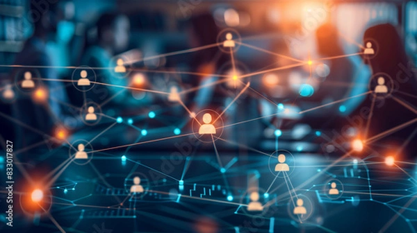 Obraz A group of people are holding hands in a circle, with a computer monitor in the background. Concept of unity and collaboration, as the people are working together towards a common goal