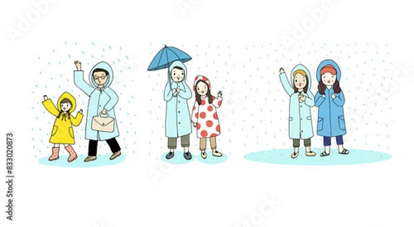Fototapeta Collection of people walking under umbrella and wearing raincoat. Hand drawn style vector illustration.