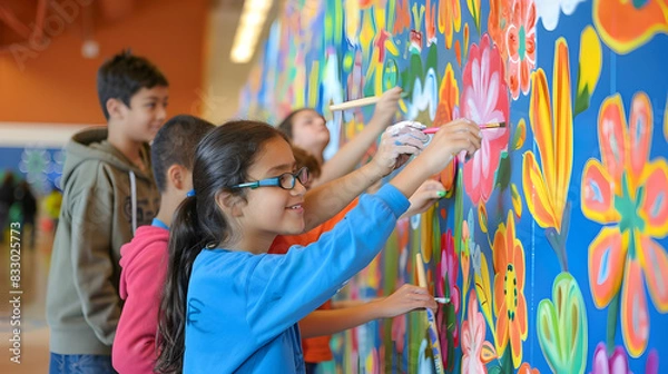 Fototapeta Children of various ages and backgrounds participating in a collaborative art project, painting a large mural on a community center wall