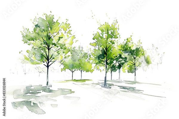 Obraz Green tree with leaves sketch architectural drawing in style of watercolor elements design,  isolated on white background, png