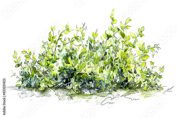 Obraz Green bush sketch architectural drawing in style of watercolor elements design, isolated on white background, png