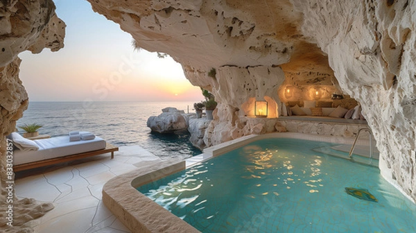 Fototapeta The swimming pool is in the hotel in the seaside cave