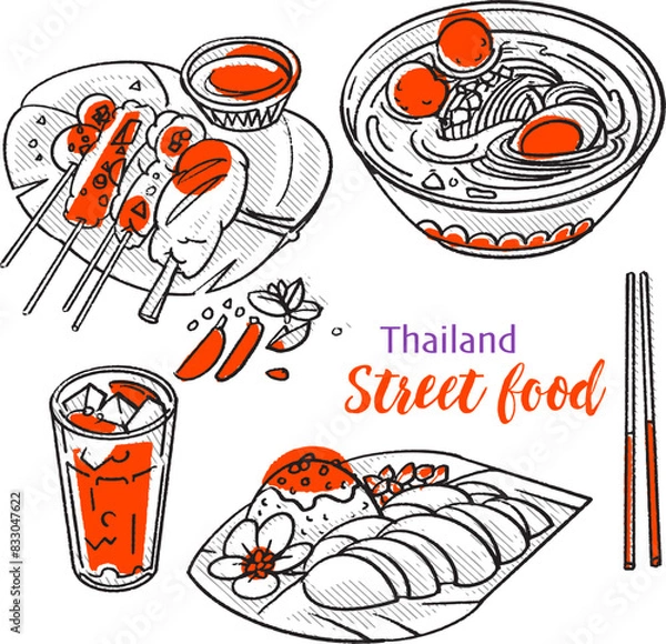 Obraz Hand-drawn vector illustration depicting delicious street food from Thailand. Thai yummy street food vector illustration. The style is simple line art with one modern color.