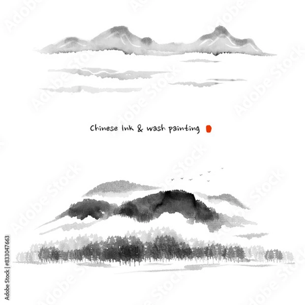 Obraz Hand-drawn Chinese ink wash painting of nature landscape. Forest, clouds and mist and mountains.