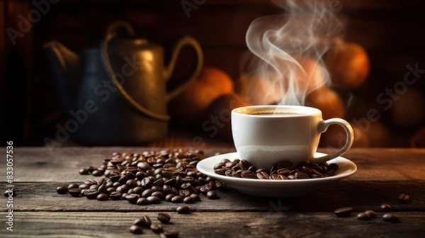 Fototapeta wooden table with a steaming mug of coffee, a few scattered coffee beans, 