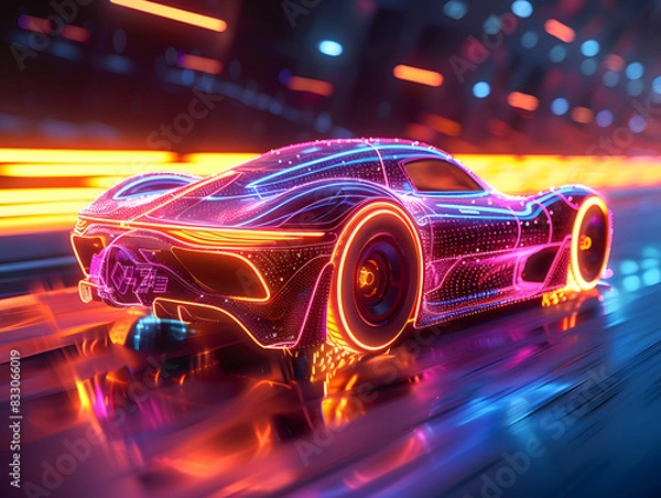 Fototapeta A futuristic car with a digital mesh body and glowing red wheels and lights, driving down a neon-lit street.