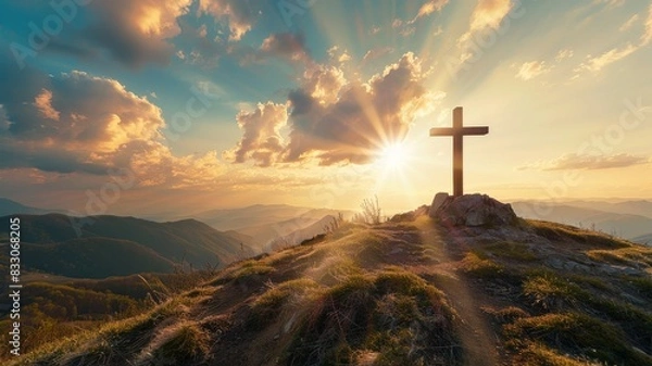 Fototapeta a cross on a mountain top with sun flare backlighting it.