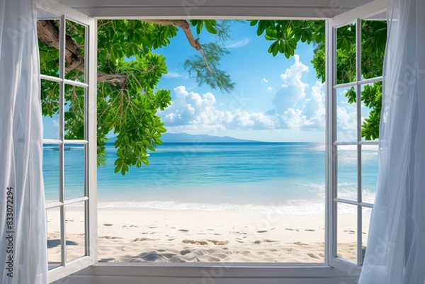 Fototapeta Opened window seeing tropical beach view in summer holiday at weekend house and resort. Summer holiday vacation


