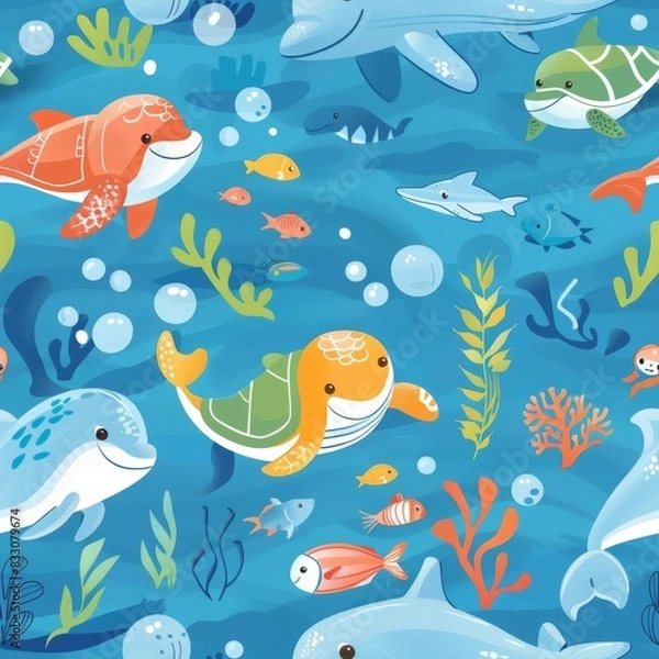 Fototapeta seamless underwater pattern coral with fish, turtles, and dolphins