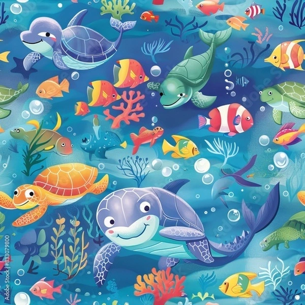 Fototapeta seamless underwater pattern coral with fish, turtles, and dolphins