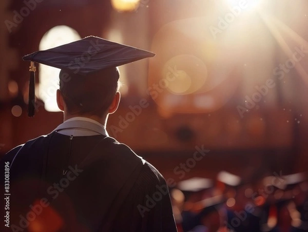 Fototapeta A man in graduation gown looking at the sun.