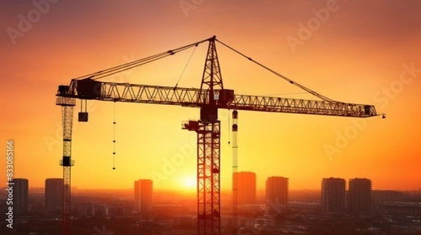 Fototapeta Silhouette of big crane and building construction 
