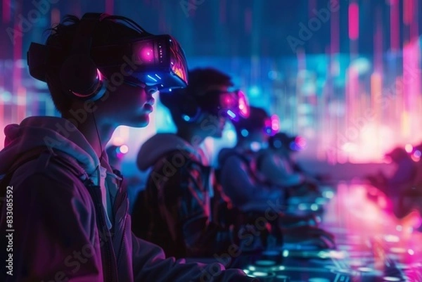 Fototapeta Group of individuals experiencing virtual reality with VR headsets in a futuristic, neon-lit environment. Immersive VR technology concept.
