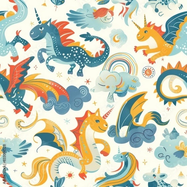 Fototapeta seamless pattern of friendly dragons, unicorns, and griffins