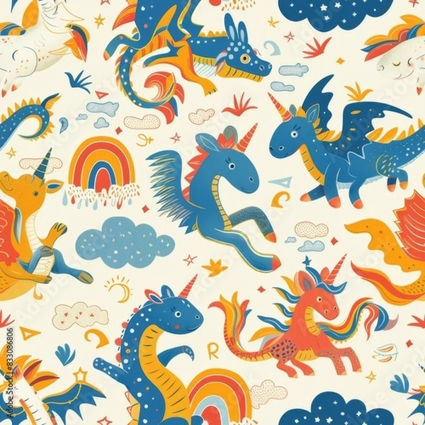 Obraz seamless pattern of friendly dragons, unicorns, and griffins