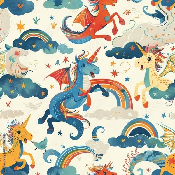 Fototapeta seamless pattern of friendly dragons, unicorns, and griffins