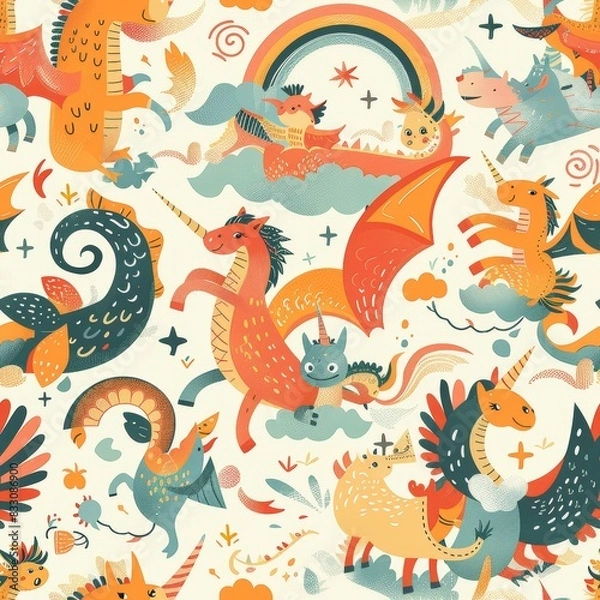 Fototapeta seamless pattern of friendly dragons, unicorns, and griffins