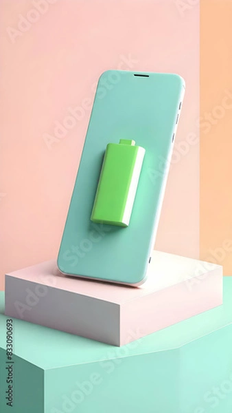 Fototapeta 3d render of battery icon on mobile phone isolated on pastel background