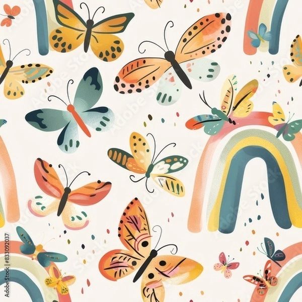 Fototapeta seamless pattern of colorful butterflies and rainbow arch