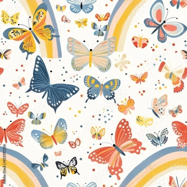 Fototapeta seamless pattern of colorful butterflies and rainbow arch
