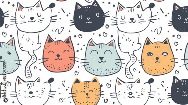 Fototapeta Cute cat doodle pattern