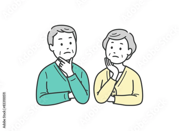 Fototapeta 高齢男女の夫婦が悩んでいる上半身イラスト
