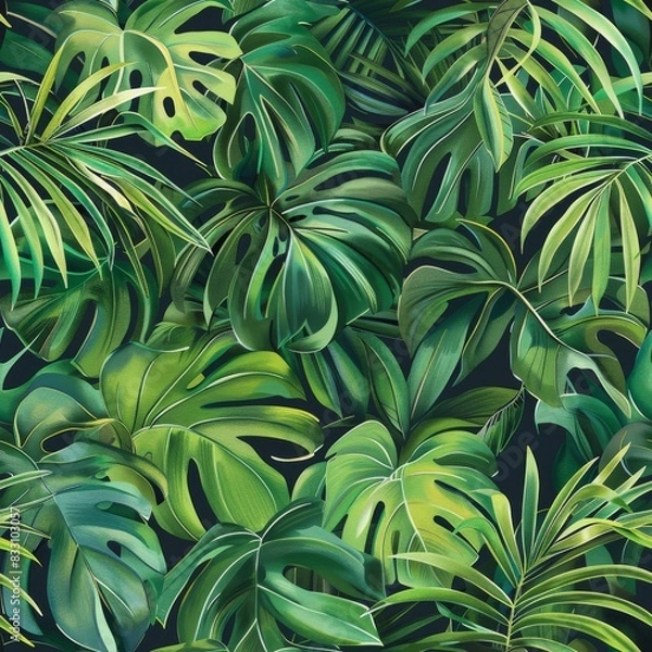 Fototapeta seamless pattern of tropical leaves in lush shades of green
