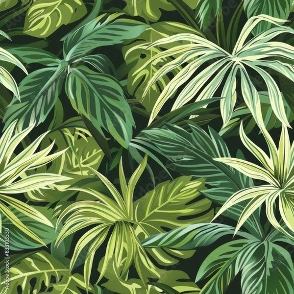 Fototapeta seamless pattern of tropical leaves in lush shades of green