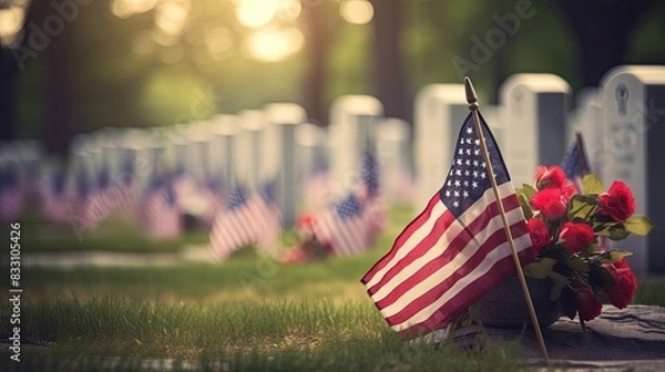 Fototapeta Honoring Sacrifice: Memorial Day Tribute at Arlington Cemetery with Flowers, Flags, and Wreaths, Copy Space for Respect Message