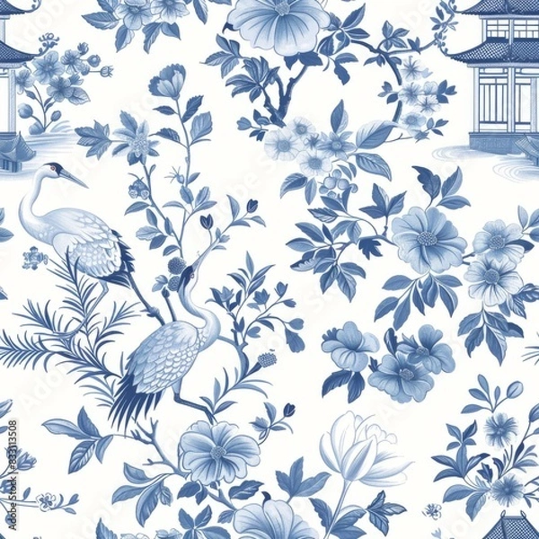 Fototapeta seamless chinoiserie pattern with delicate blossoms and pagodas