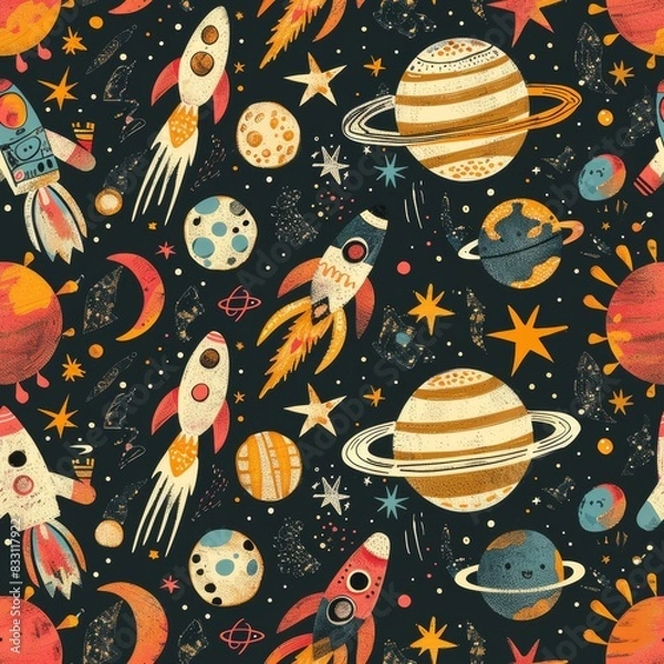 Fototapeta seamless pattern of retro futuristic with aliens, rocky planets, and rocket ships