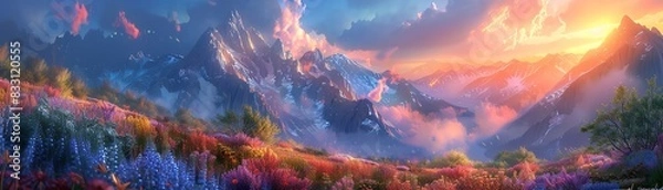 Fototapeta A breathtaking view of a colorful mountain landscape at sunset, featuring vibrant flowers, majestic peaks, and dramatic skies.