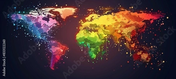 Obraz Colorful glow world map. LGBT pride gender equality wallpaper. Generative AI technology.	
